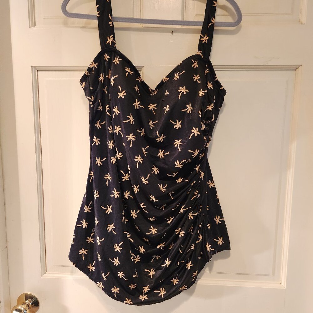 One Piece Swimsuit / Swim Dress Black with Palm‎ Tree Print - Size 24W